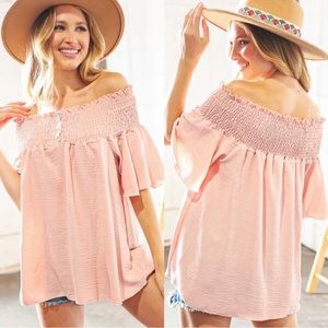 New Peach Flutter Sleeved Crinkle Textured Blouse With Ruching Chest.